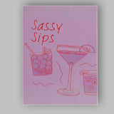 Pink Sassy Sips Cocktail Bar Line Art Illustration Canvas Wall Art Print Decor Picture Ready to Hang