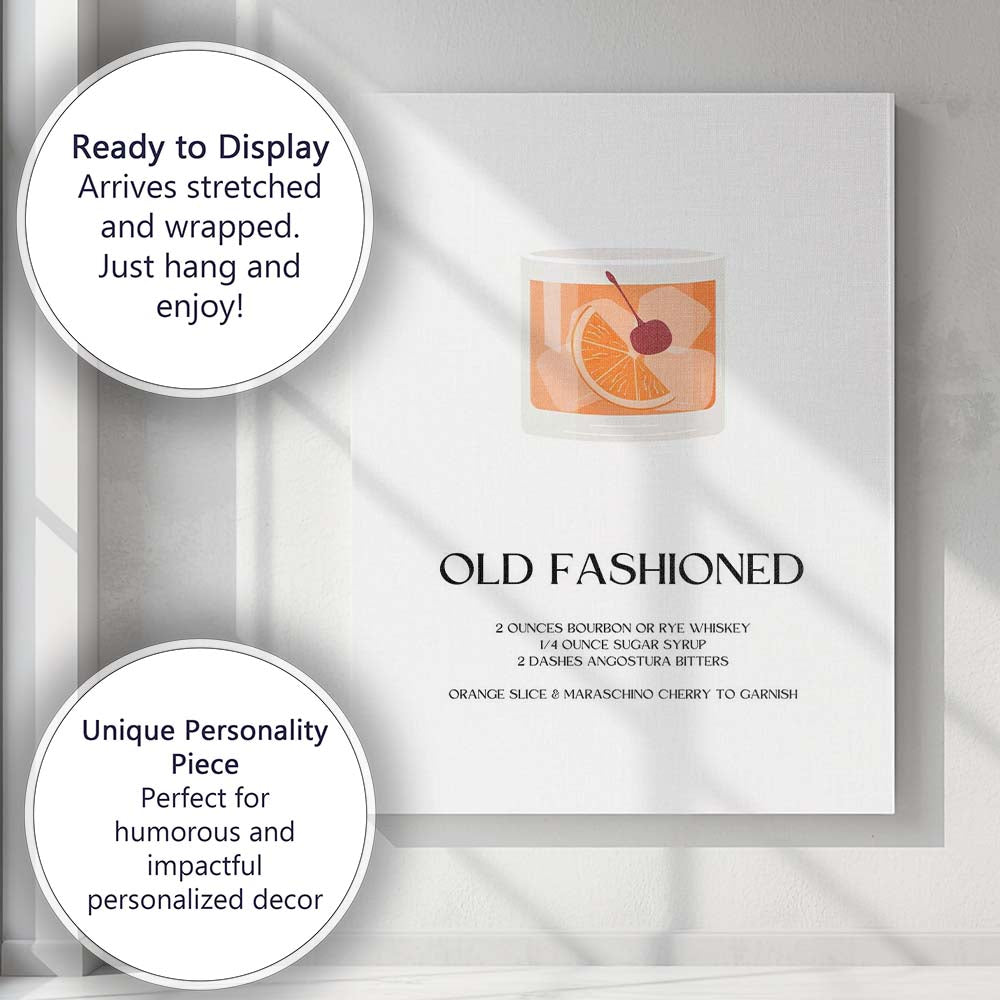 Minimalist Old Fashioned Cocktail Recipe Kitchen Bar Print Canvas Wall Art Print Decor Picture Ready to Hang