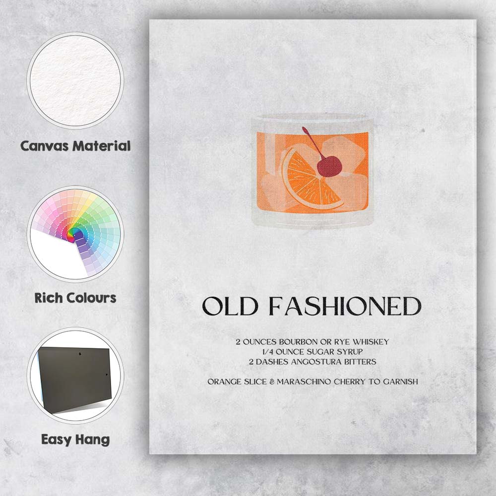 Minimalist Old Fashioned Cocktail Recipe Kitchen Bar Print Canvas Wall Art Print Decor Picture Ready to Hang