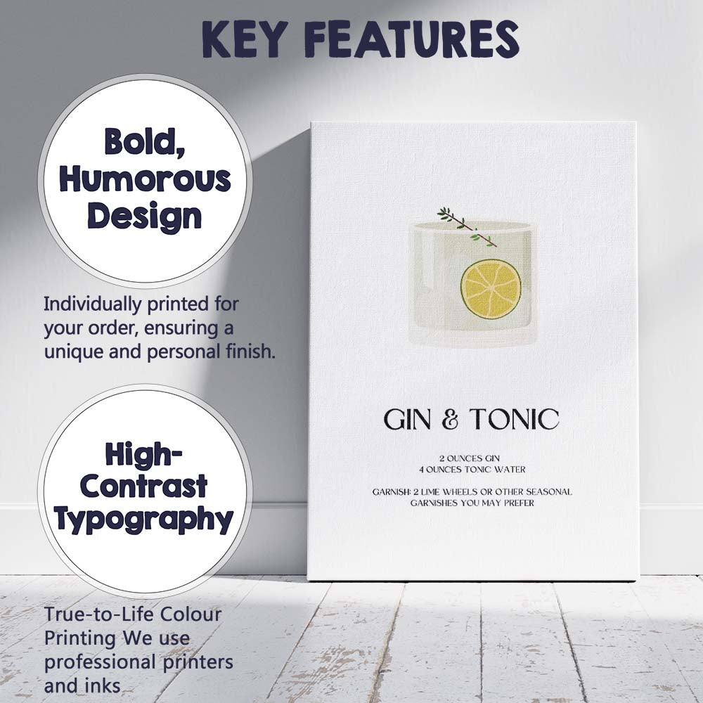 Minimalist Gin And Tonic Cocktail Recipe Kitchen Bar Print Canvas Wall Art Print Decor Picture Ready to Hang