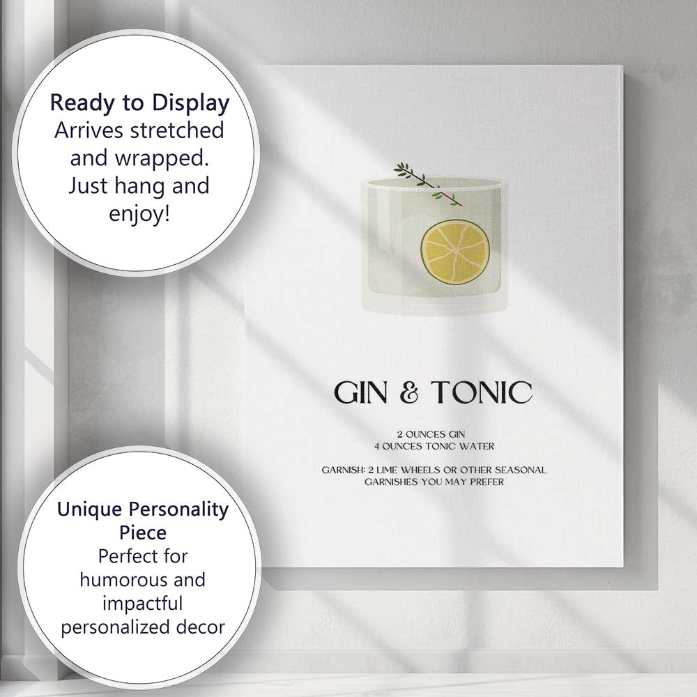 Minimalist Gin And Tonic Cocktail Recipe Kitchen Bar Print Canvas Wall Art Print Decor Picture Ready to Hang