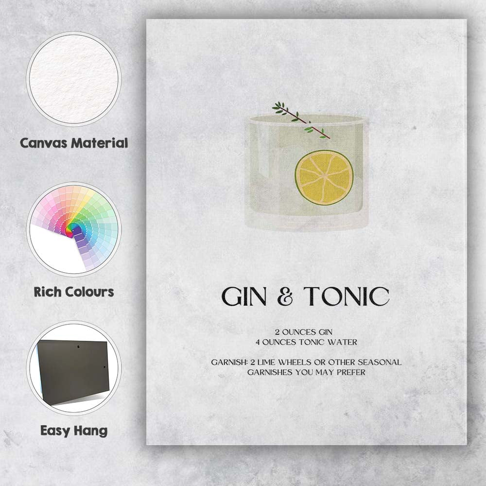Minimalist Gin And Tonic Cocktail Recipe Kitchen Bar Print Canvas Wall Art Print Decor Picture Ready to Hang