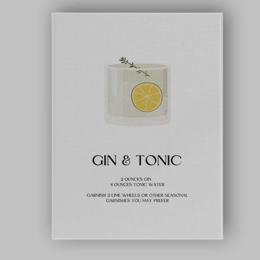 Minimalist Gin And Tonic Cocktail Recipe Kitchen Bar Print Canvas Wall Art Print Decor Picture Ready to Hang