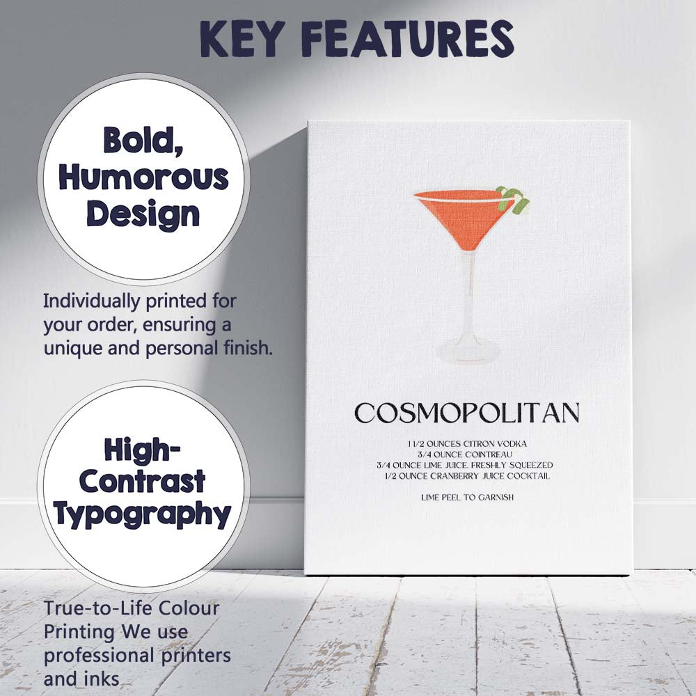 Minimalist Cosmopolitan Cocktail Recipe Kitchen Bar Print Canvas Wall Art Print Decor Picture Ready to Hang