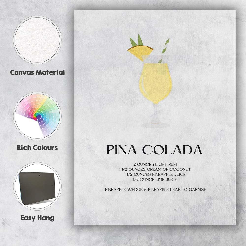 Minimalist Pina Colada Cocktail Recipe Tropical Drink Illustration Canvas Wall Art Print Decor Picture Ready to Hang