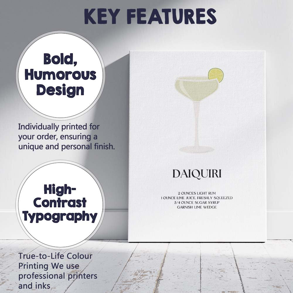 Minimalist Daiquiri Cocktail Recipe Citrus Bar Print Canvas Wall Art Print Decor Picture Ready to Hang