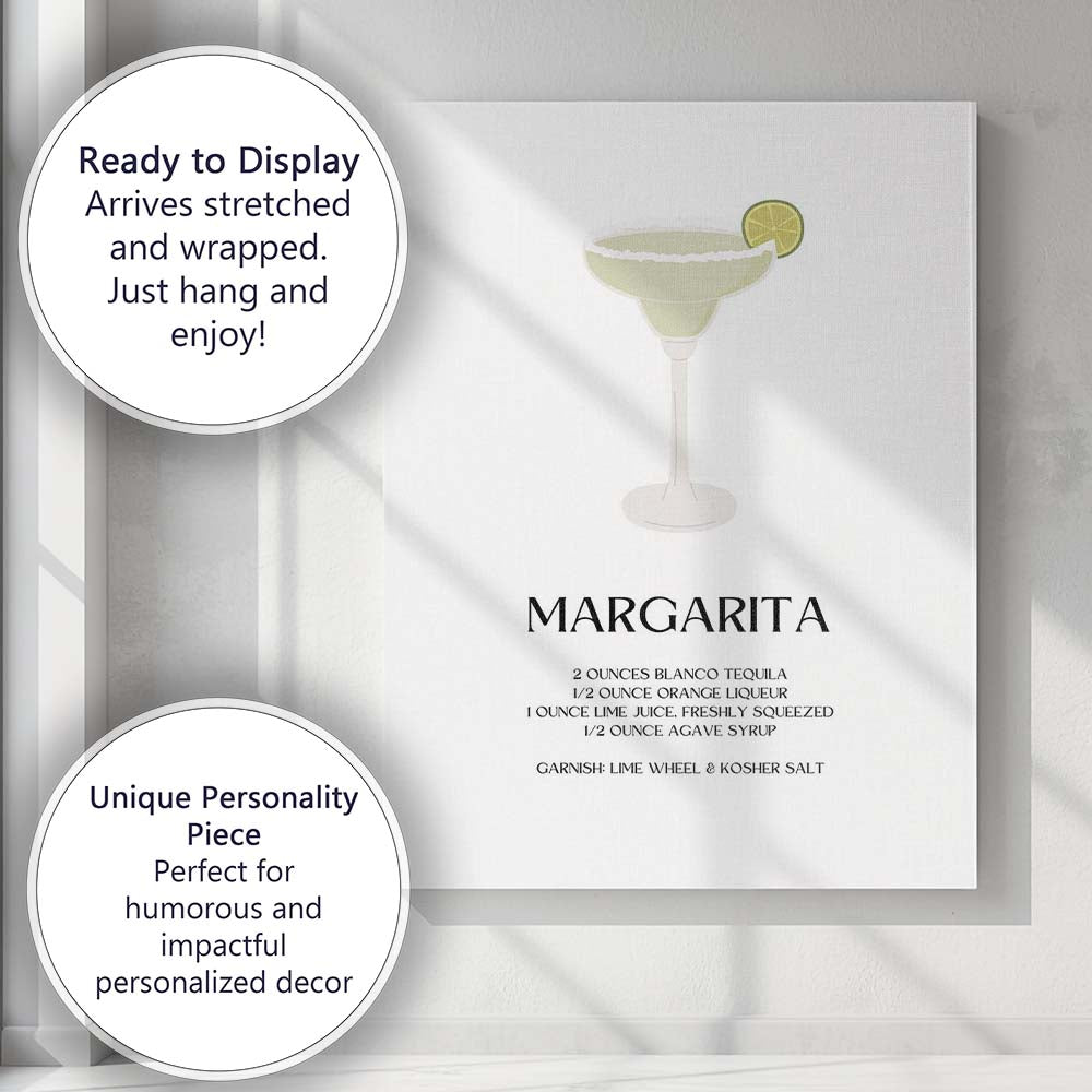 Minimalist Margarita Cocktail Recipe Tequila Bar Print Canvas Wall Art Print Decor Picture Ready to Hang