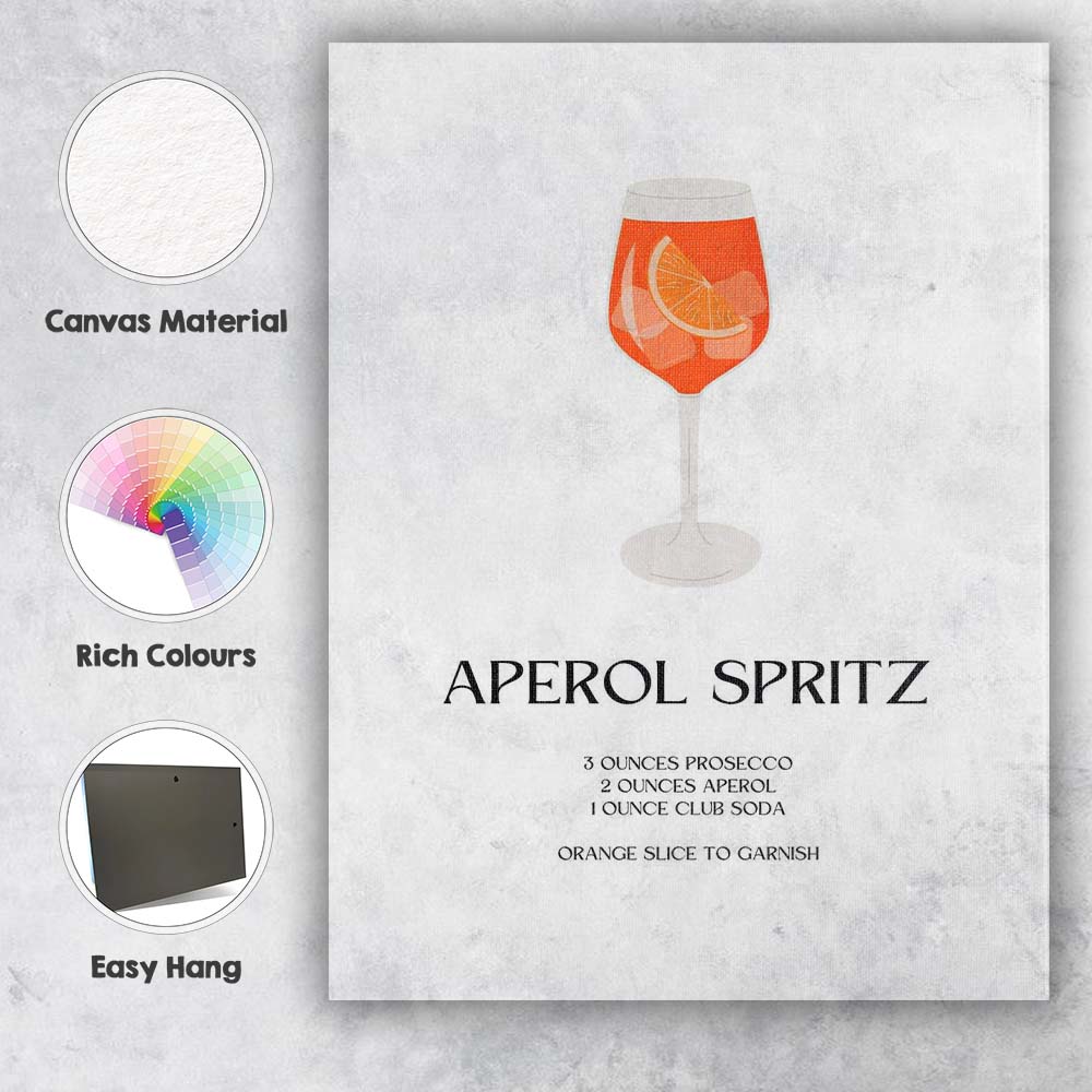 Minimalist Aperol Spritz Cocktail Recipe Italian Aperitif Bar Print Canvas Wall Art Print Decor Picture Ready to Hang