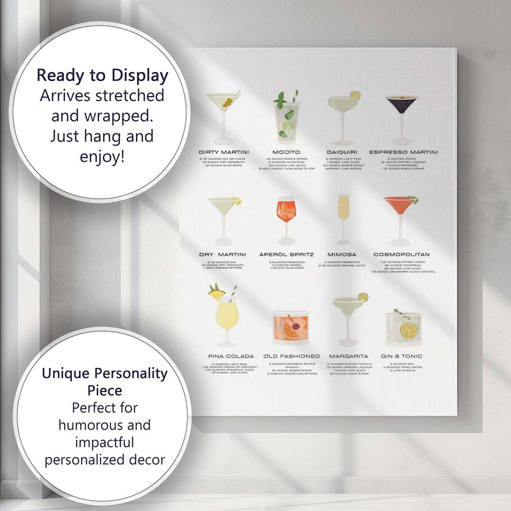 Minimalist Cocktail Recipe Collection Bar Drinks Illustration Canvas Wall Art Print Decor Picture Ready to Hang