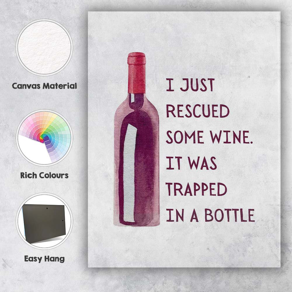 Watercolour Red Wine Bottle Humorous Rescue Quote Kitchen Bar Canvas Wall Art Print Decor Picture Ready to Hang