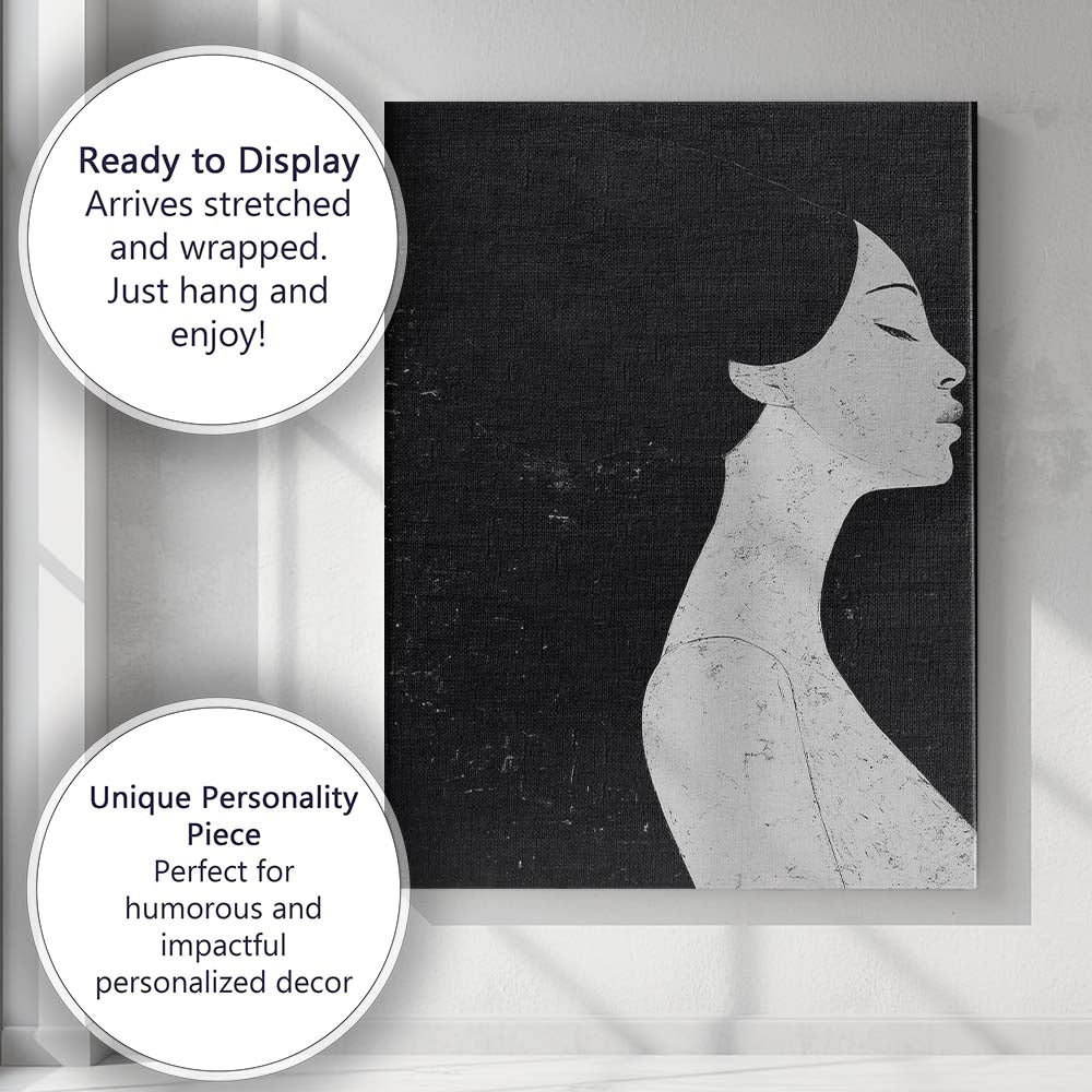 Black and White Minimalist Female Side Profile Portrait Contemporary Canvas Wall Art Print Decor Picture Ready to Hang