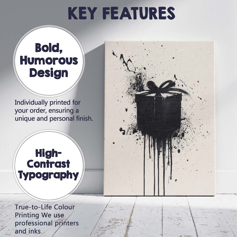 Black Ink Splash Gift Box Abstract Grunge Contemporary Canvas Wall Art Print Decor Picture Ready to Hang