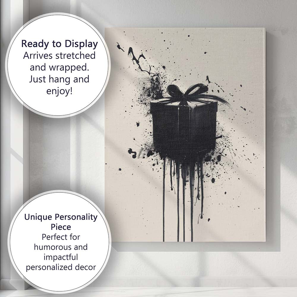 Black Ink Splash Gift Box Abstract Grunge Contemporary Canvas Wall Art Print Decor Picture Ready to Hang