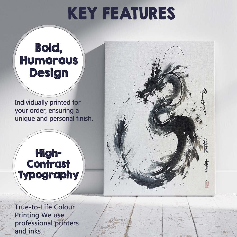 Japanese Sumi Ink Dragon Monochrome Oriental Brush Painting Canvas Wall Art Print Decor Picture Ready to Hang