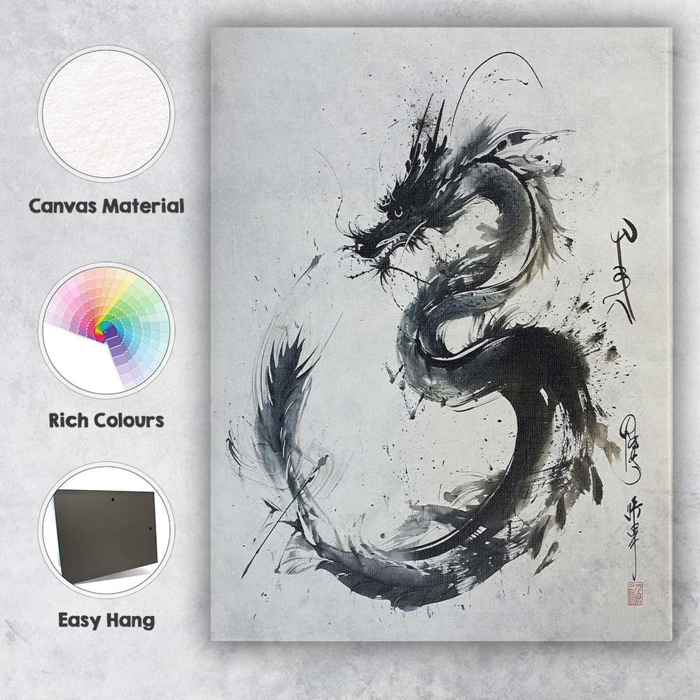 Japanese Sumi Ink Dragon Monochrome Oriental Brush Painting Canvas Wall Art Print Decor Picture Ready to Hang