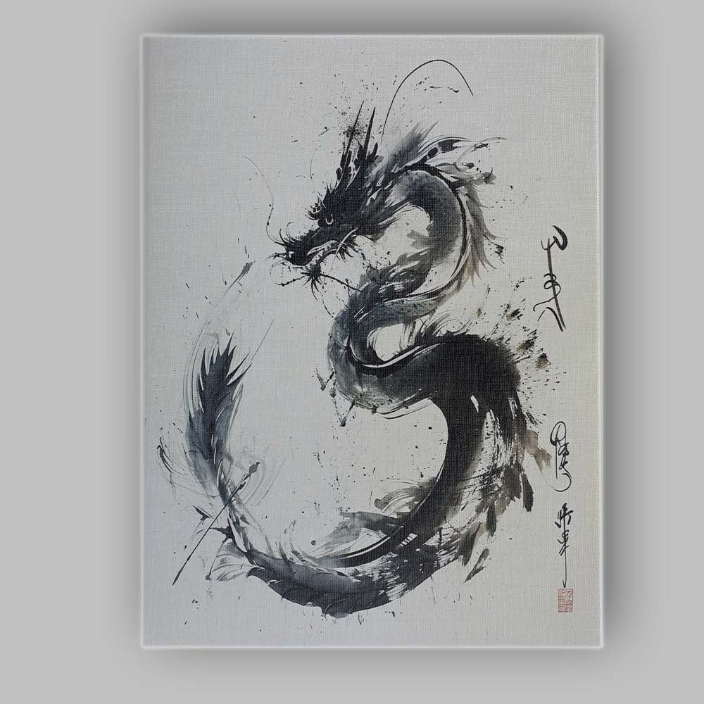 Japanese Sumi Ink Dragon Monochrome Oriental Brush Painting Canvas Wall Art Print Decor Picture Ready to Hang