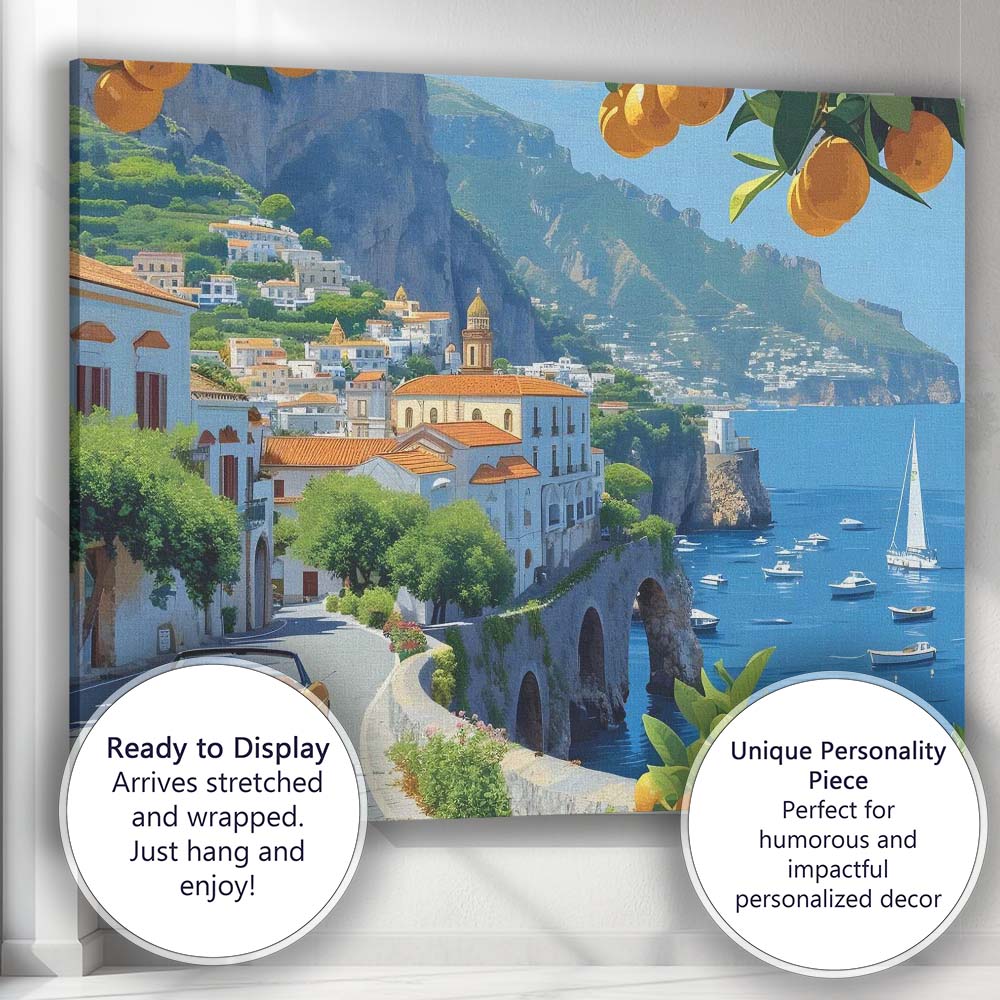 Scenic Amalfi Coast Italy Coastal Village Citrus Travel Landscape Canvas Wall Art Print Decor Picture Ready to Hang