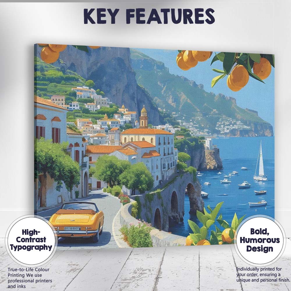 Scenic Amalfi Coast Italy Coastal Village Citrus Travel Landscape Canvas Wall Art Print Decor Picture Ready to Hang