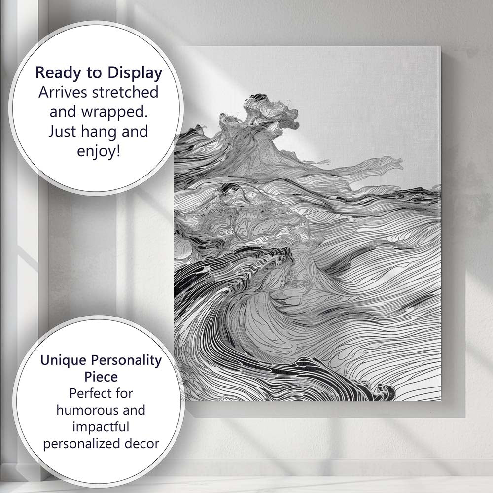 Monochrome Abstract Flowing Wave Line Art Ocean Landscape Canvas Wall Art Print Decor Picture Ready to Hang