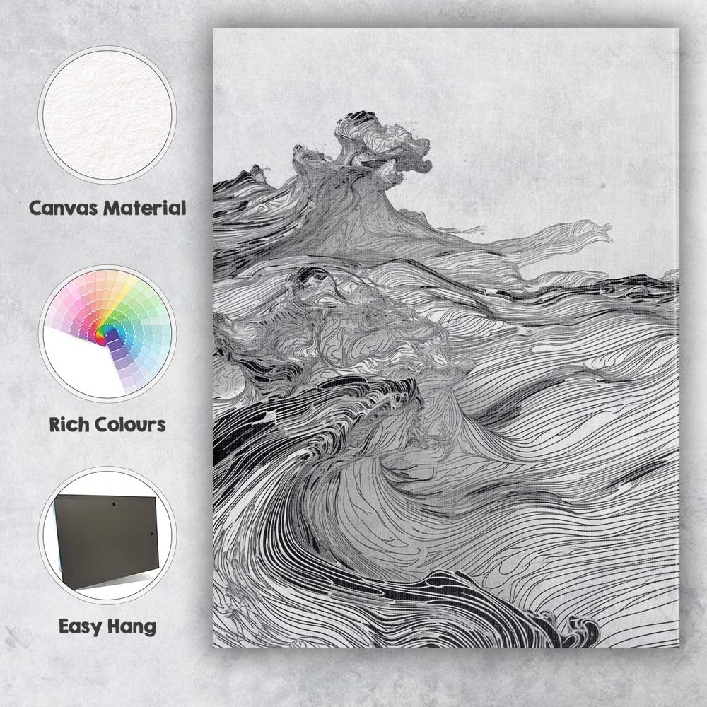 Monochrome Abstract Flowing Wave Line Art Ocean Landscape Canvas Wall Art Print Decor Picture Ready to Hang