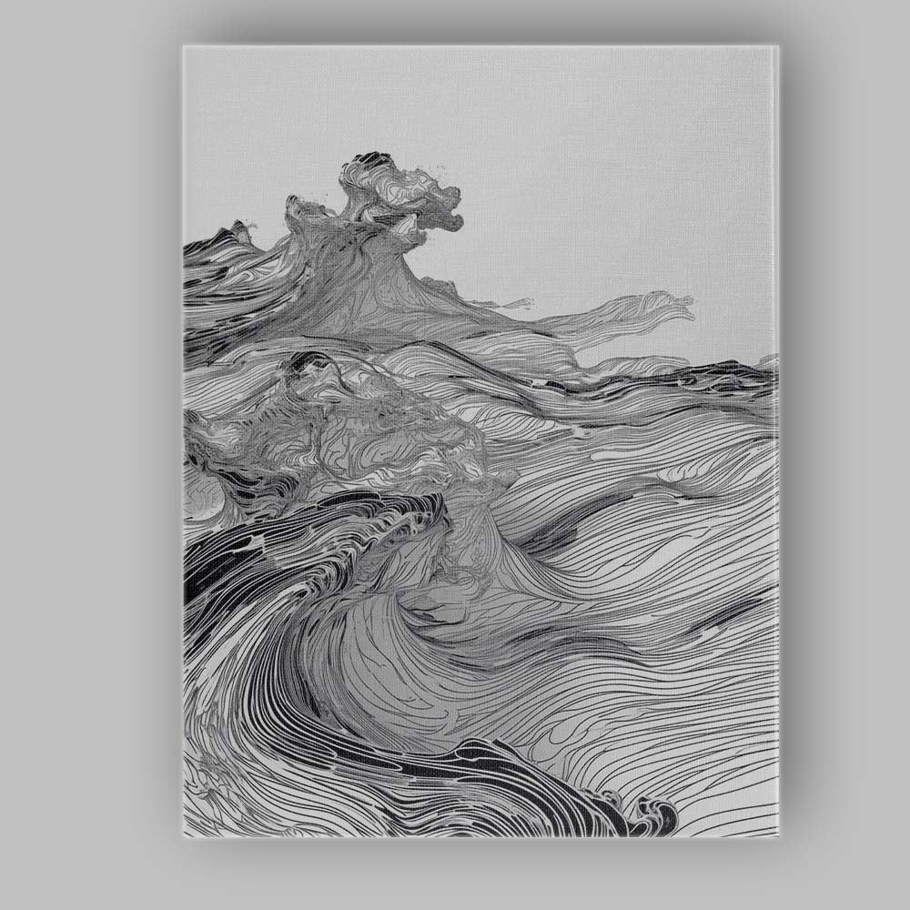 Monochrome Abstract Flowing Wave Line Art Ocean Landscape Canvas Wall Art Print Decor Picture Ready to Hang