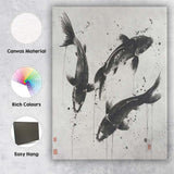 Monochrome Japanese Koi Fish Ink Wash Painting Contemporary Canvas Wall Art Print Decor Picture Ready to Hang
