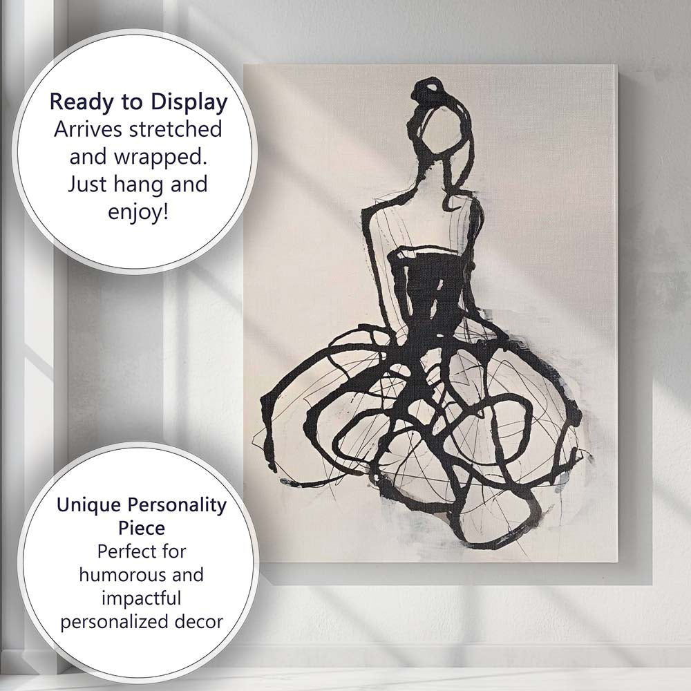 Abstract Black Ink Fashion Dress Sketch Minimalist Figure Canvas Wall Art Print Decor Picture Ready to Hang