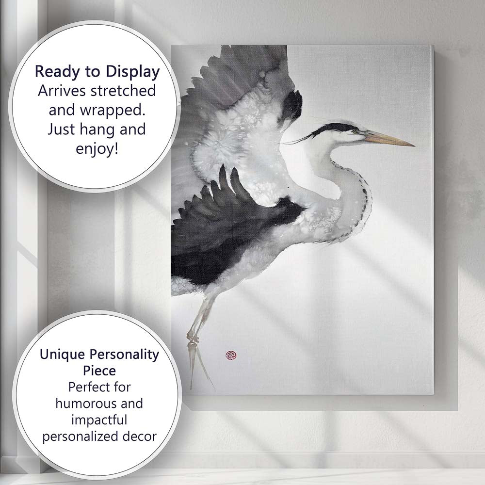 Elegant Monochrome Flying Heron Watercolour Wildlife Canvas Wall Art Print Decor Picture Ready to Hang