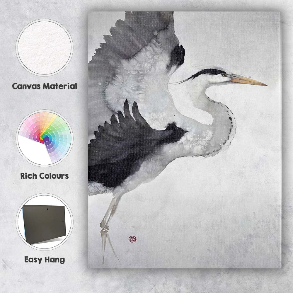 Elegant Monochrome Flying Heron Watercolour Wildlife Canvas Wall Art Print Decor Picture Ready to Hang