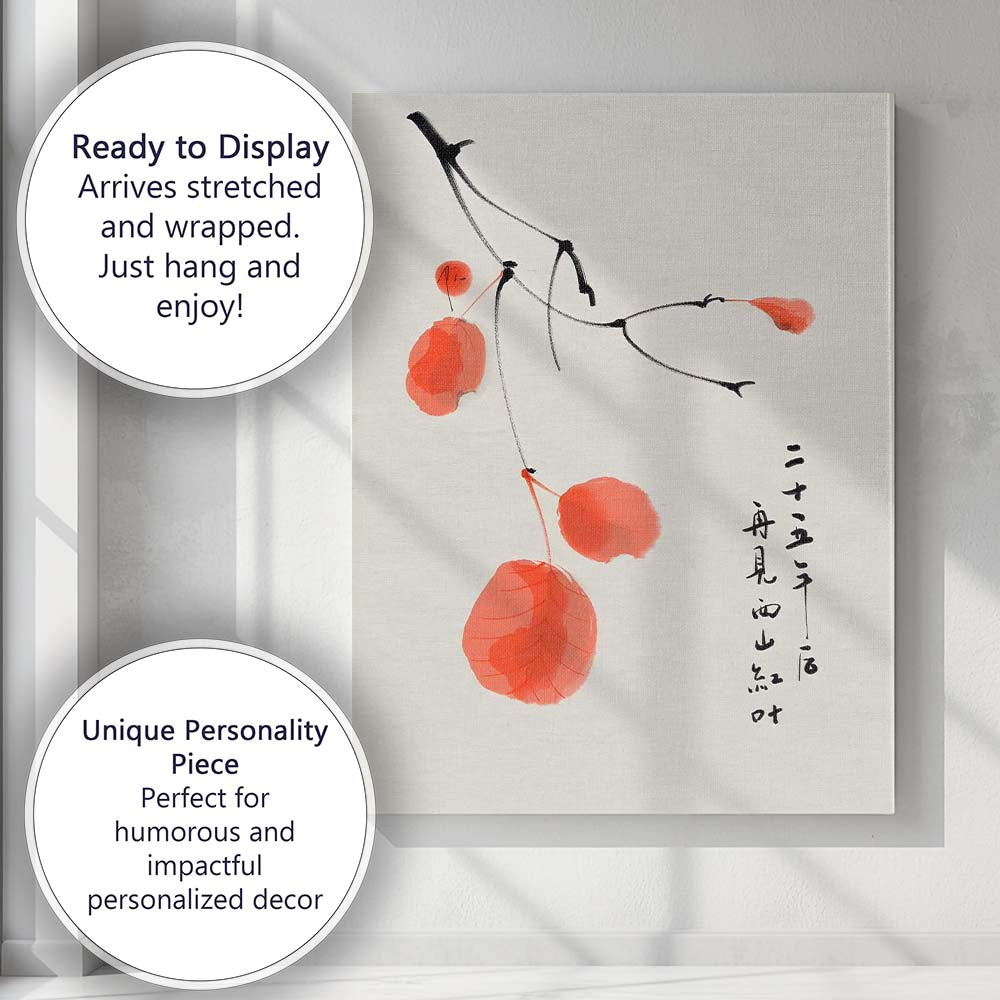 Minimalist Red Botanical Branch Japanese Ink Watercolour Canvas Wall Art Print Decor Picture Ready to Hang