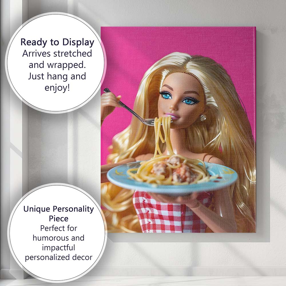 Barbie Style Blonde Doll Eating Spaghetti Pop Art Canvas Wall Art Print Decor Picture Ready to Hang
