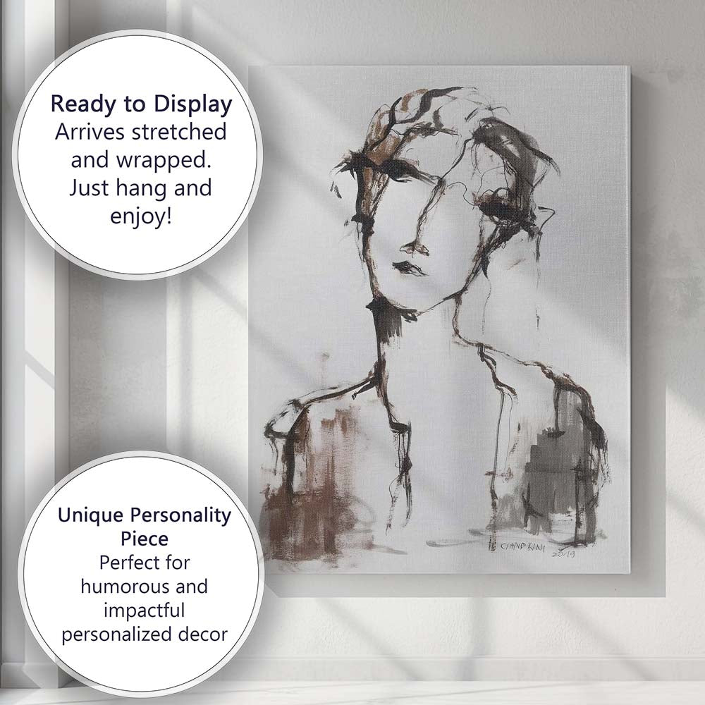 Expressive Neutral Ink Portrait Minimalist Female Face Canvas Wall Art Print Decor Picture Ready to Hang
