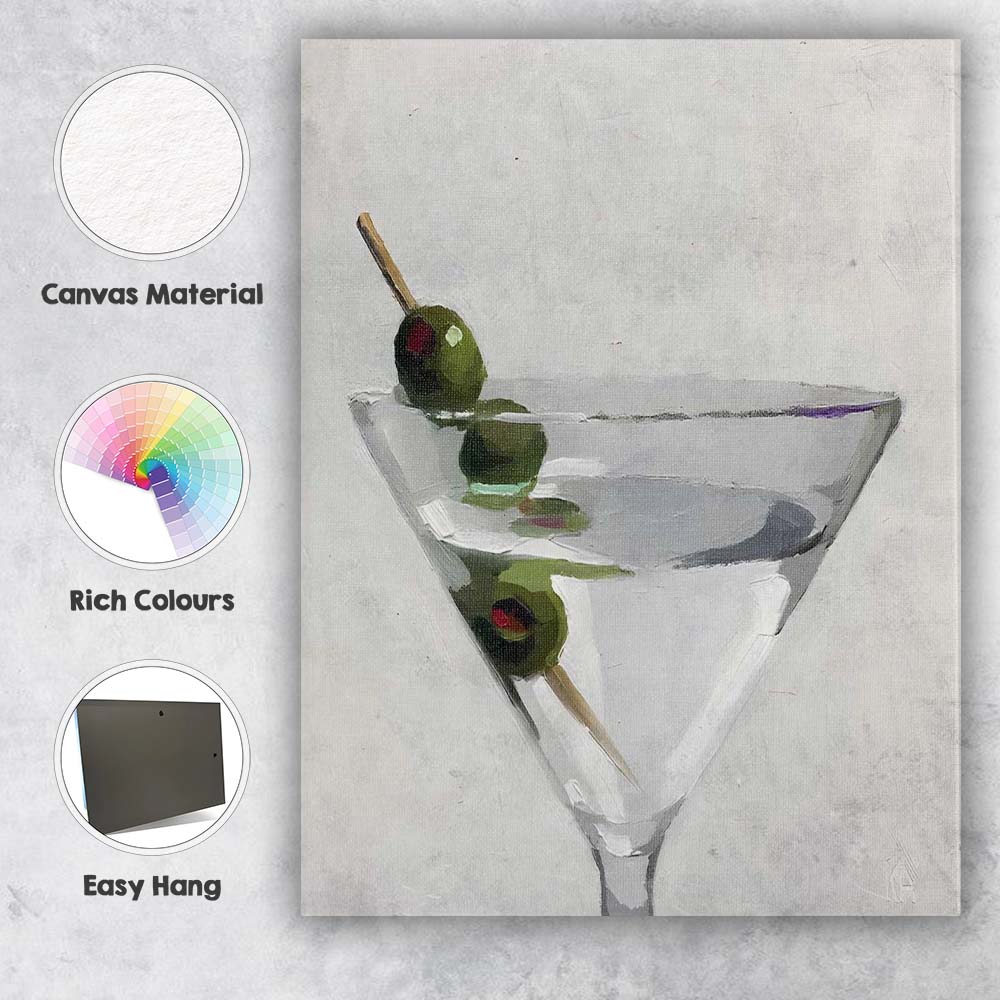 Contemporary Martini Cocktail Glass With Green Olives Still Life Canvas Wall Art Print Decor Picture Ready to Hang