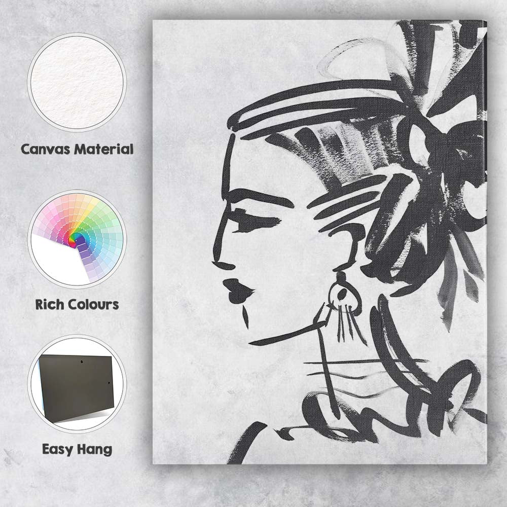 Monochrome Fashion Portrait Expressive Brushstroke Illustration Canvas Wall Art Print Decor Picture Ready to Hang