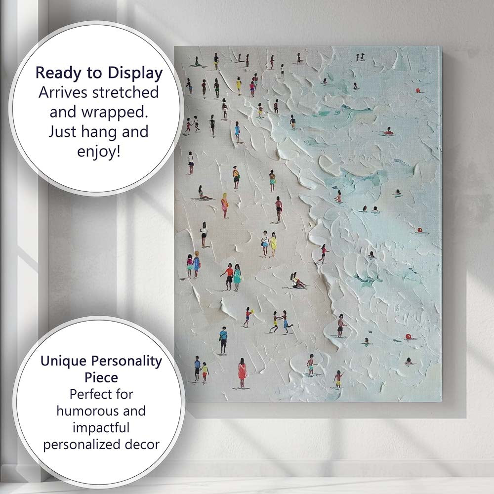 Textured Coastal Beach Scene Tiny Figures Impasto Painting Canvas Wall Art Print Decor Picture Ready to Hang