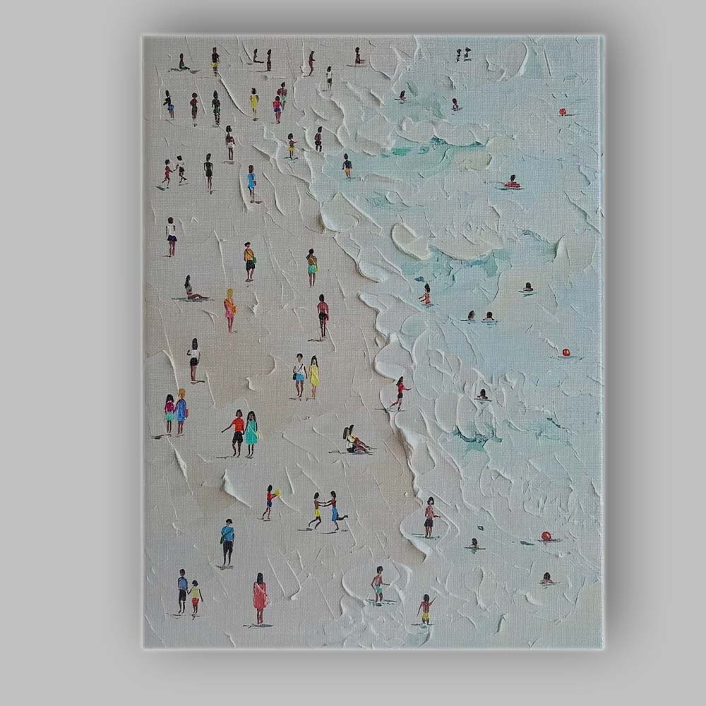 Textured Coastal Beach Scene Tiny Figures Impasto Painting Canvas Wall Art Print Decor Picture Ready to Hang
