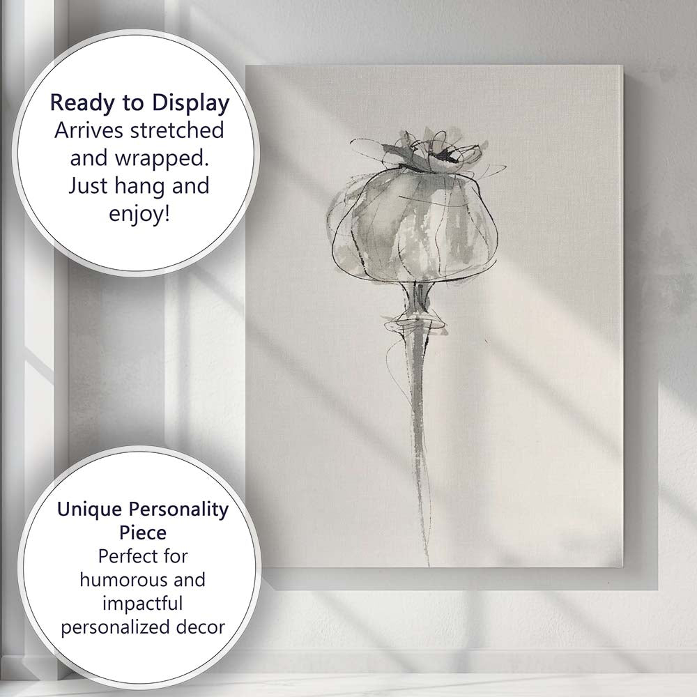 Minimalist Monochrome Watercolour Poppy Flower Botanical Sketch Canvas Wall Art Print Decor Picture Ready to Hang