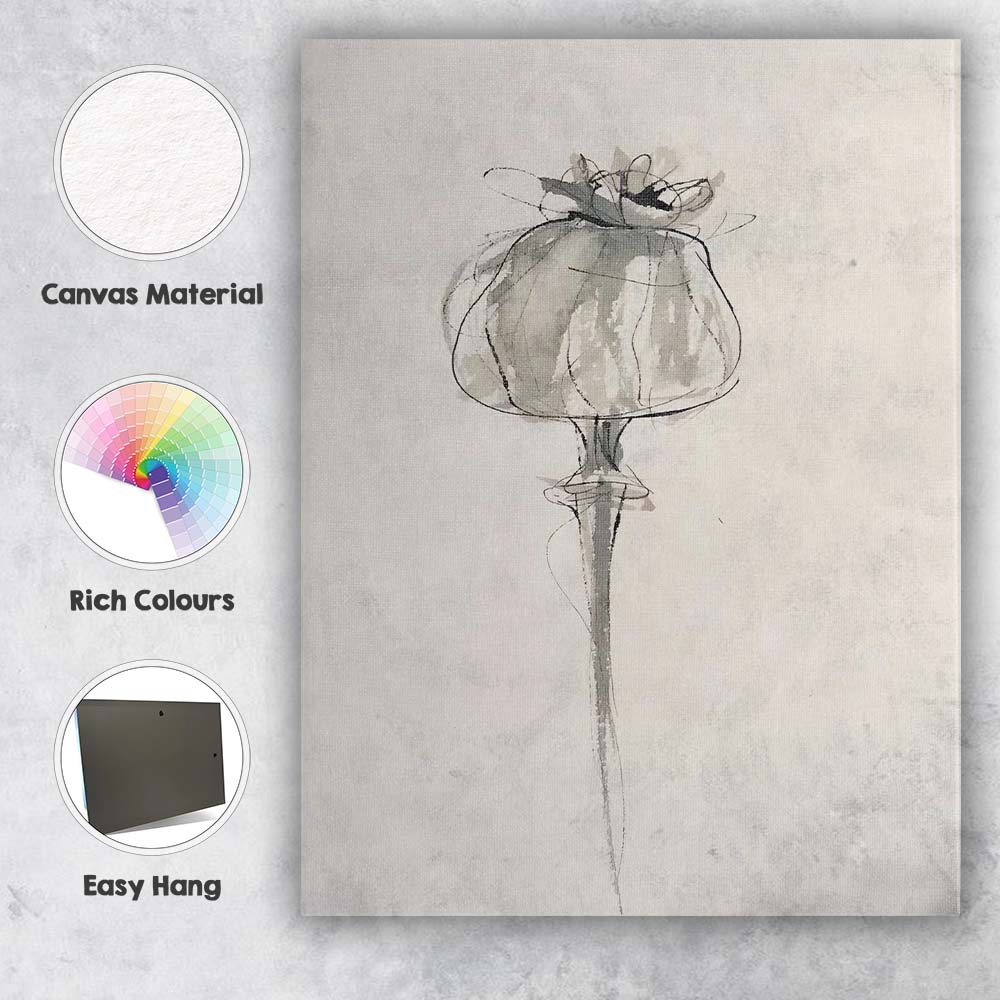 Minimalist Monochrome Watercolour Poppy Flower Botanical Sketch Canvas Wall Art Print Decor Picture Ready to Hang