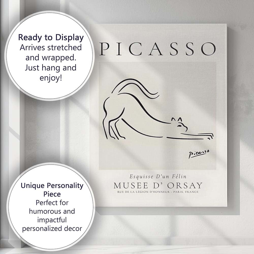Picasso Inspired Minimalist Cat Line Drawing Exhibition Style Canvas Wall Art Print Decor Picture Ready to Hang