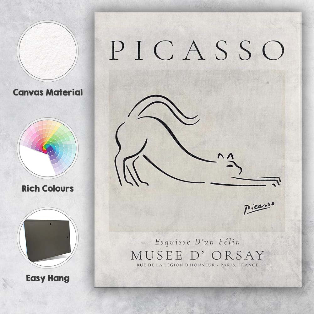 Picasso Inspired Minimalist Cat Line Drawing Exhibition Style Canvas Wall Art Print Decor Picture Ready to Hang