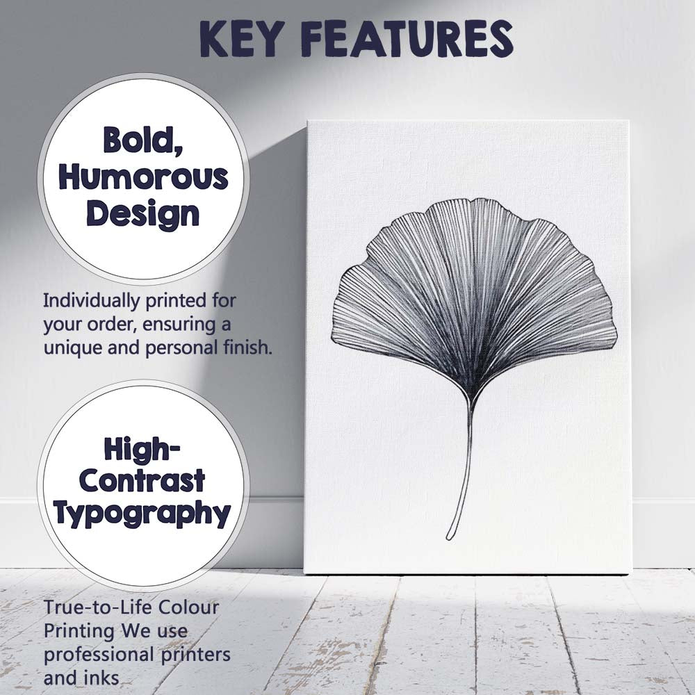 Monochrome Ginkgo Leaf Botanical Ink Illustration Canvas Wall Art Print Decor Picture Ready to Hang