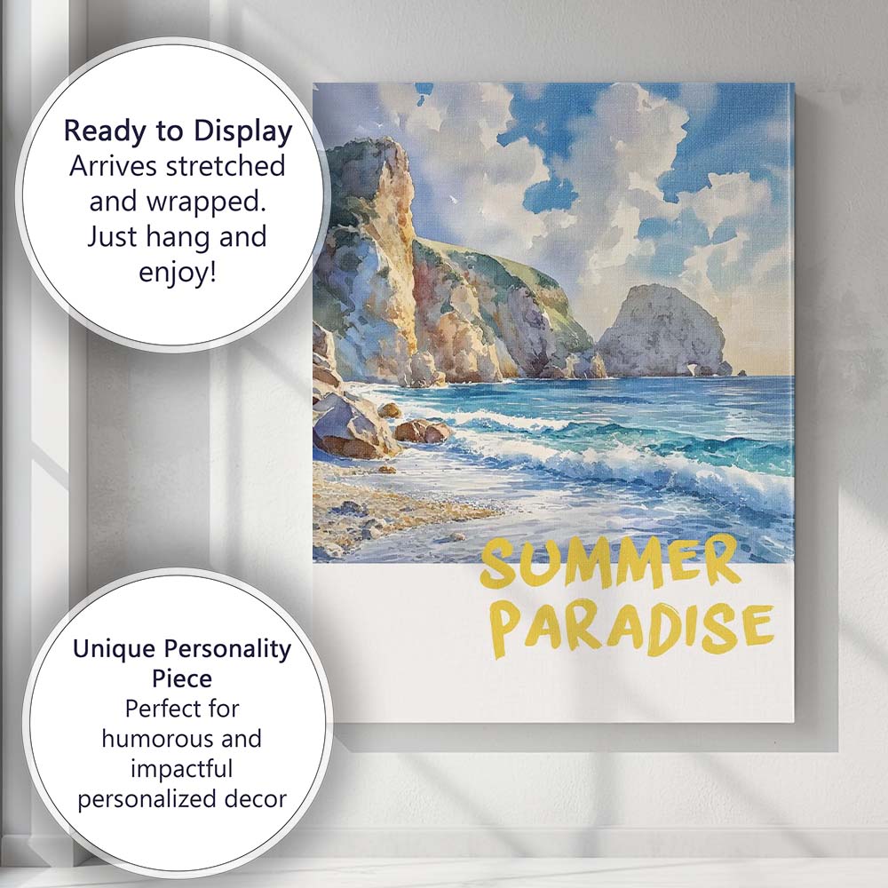 Summer Paradise Coastal Watercolour Beach Seascape Canvas Wall Art Print Decor Picture Ready to Hang