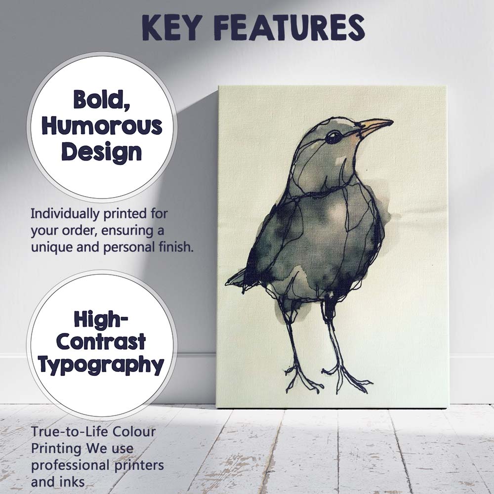 Grey Watercolour Bird Contemporary Ink Sketch Canvas Wall Art Print Decor Picture Ready to Hang