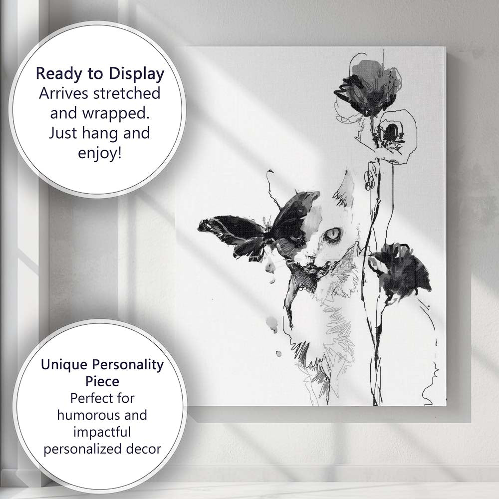 Black White Kitten With Butterfly Floral Ink Illustration Canvas Wall Art Print Decor Picture Ready to Hang