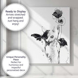 Black White Kitten With Butterfly Floral Ink Illustration Canvas Wall Art Print Decor Picture Ready to Hang