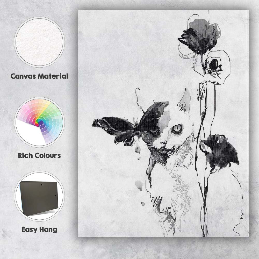 Black White Kitten With Butterfly Floral Ink Illustration Canvas Wall Art Print Decor Picture Ready to Hang