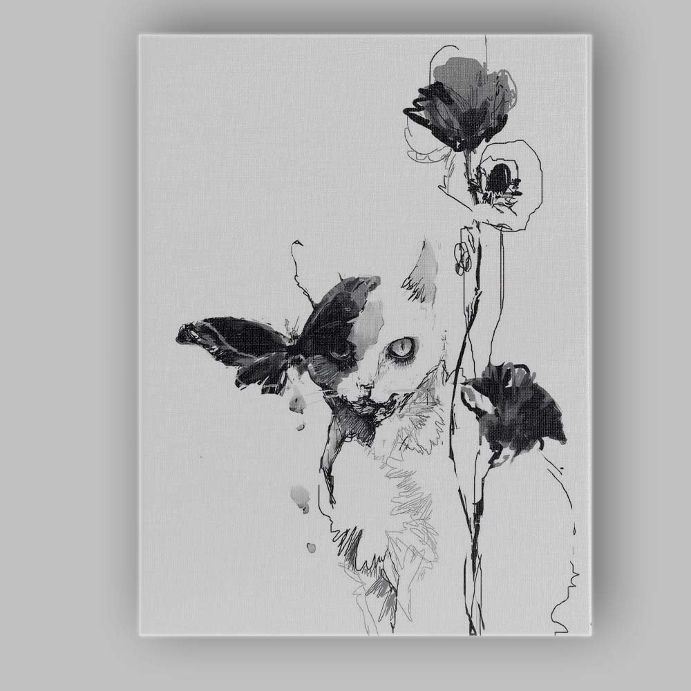 Black White Kitten With Butterfly Floral Ink Illustration Canvas Wall Art Print Decor Picture Ready to Hang
