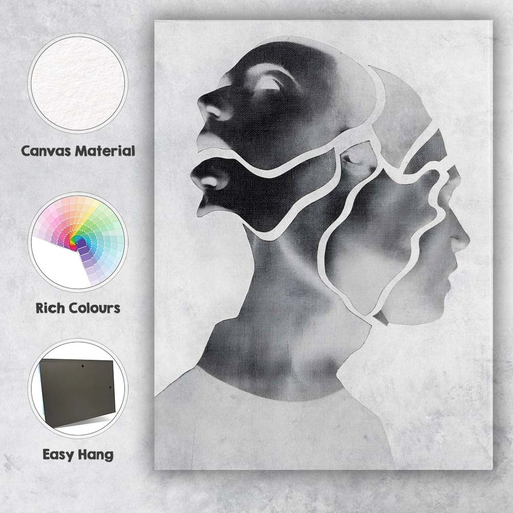 Abstract Layered Profile Faces Monochrome Contemporary Portrait Canvas Wall Art Print Decor Picture Ready to Hang
