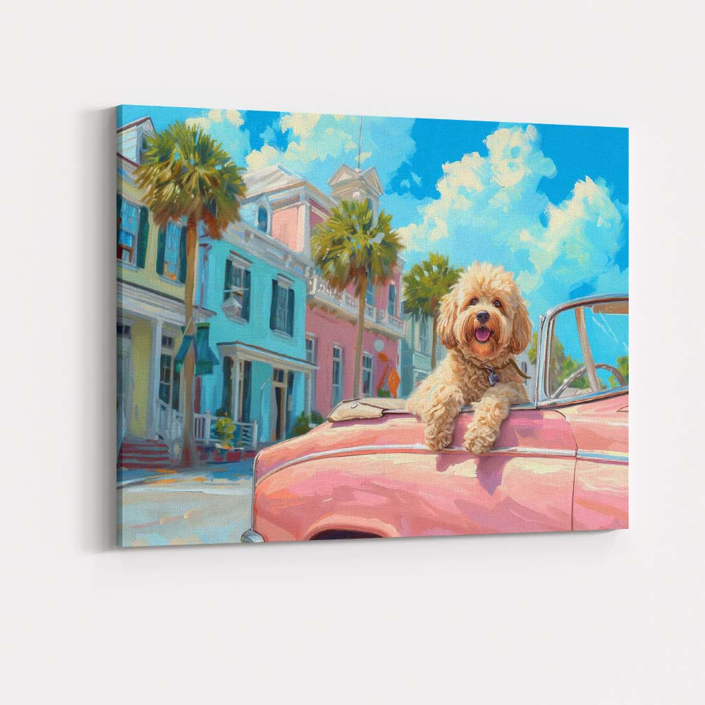 Cute Cockapoo Riding In Pink Classic Convertible Coastal Town Canvas Wall Art Print Decor Picture Ready to Hang