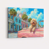 Cute Cockapoo Riding In Pink Classic Convertible Coastal Town Canvas Wall Art Print Decor Picture Ready to Hang